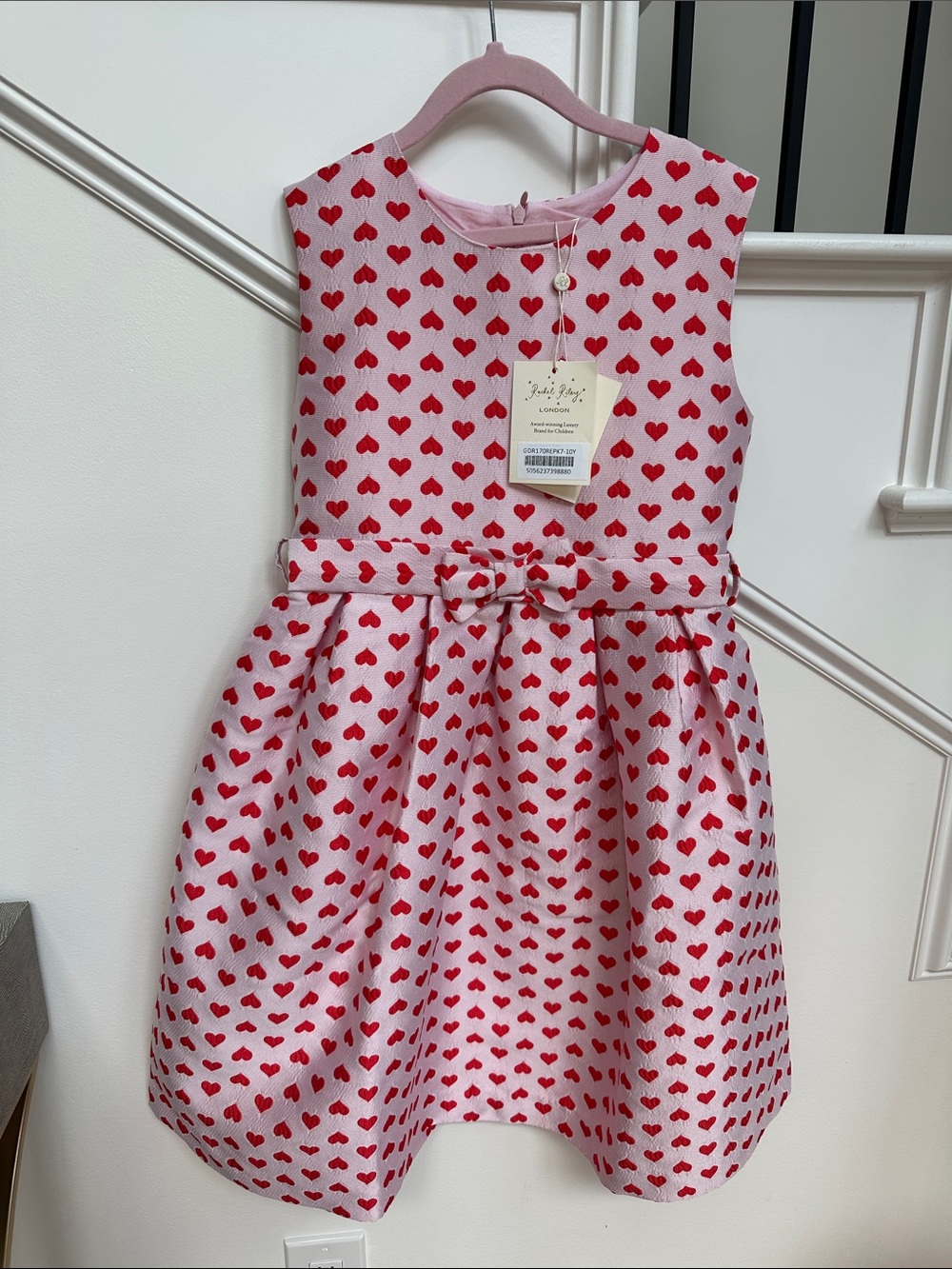 Rachel Riley Pink Dress with Red Heart Print and Waist Bow